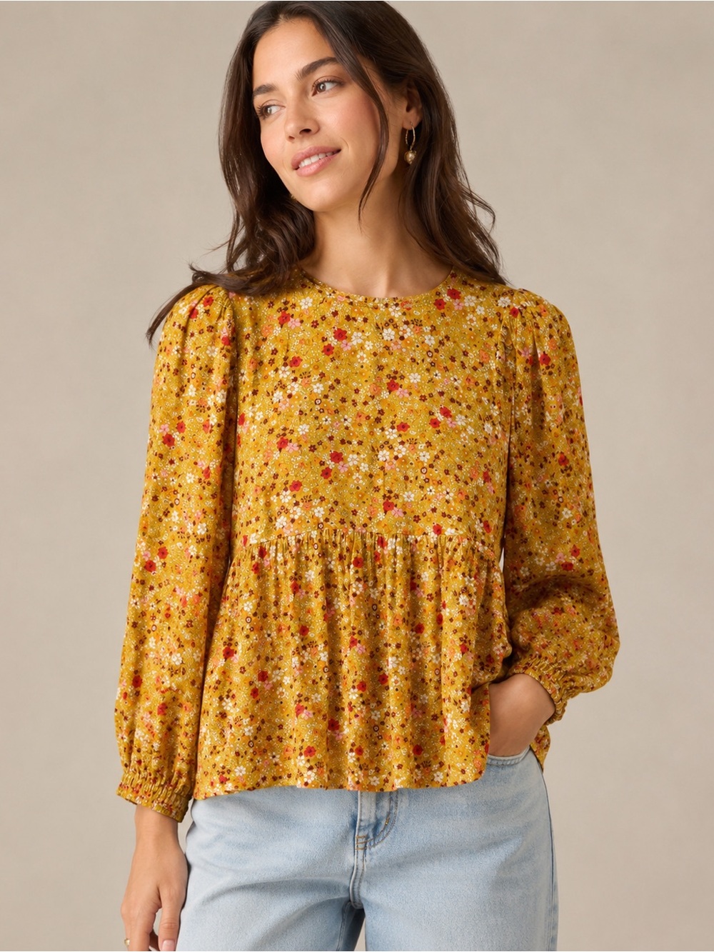 Vici Mustard Floral Peplum Blouse